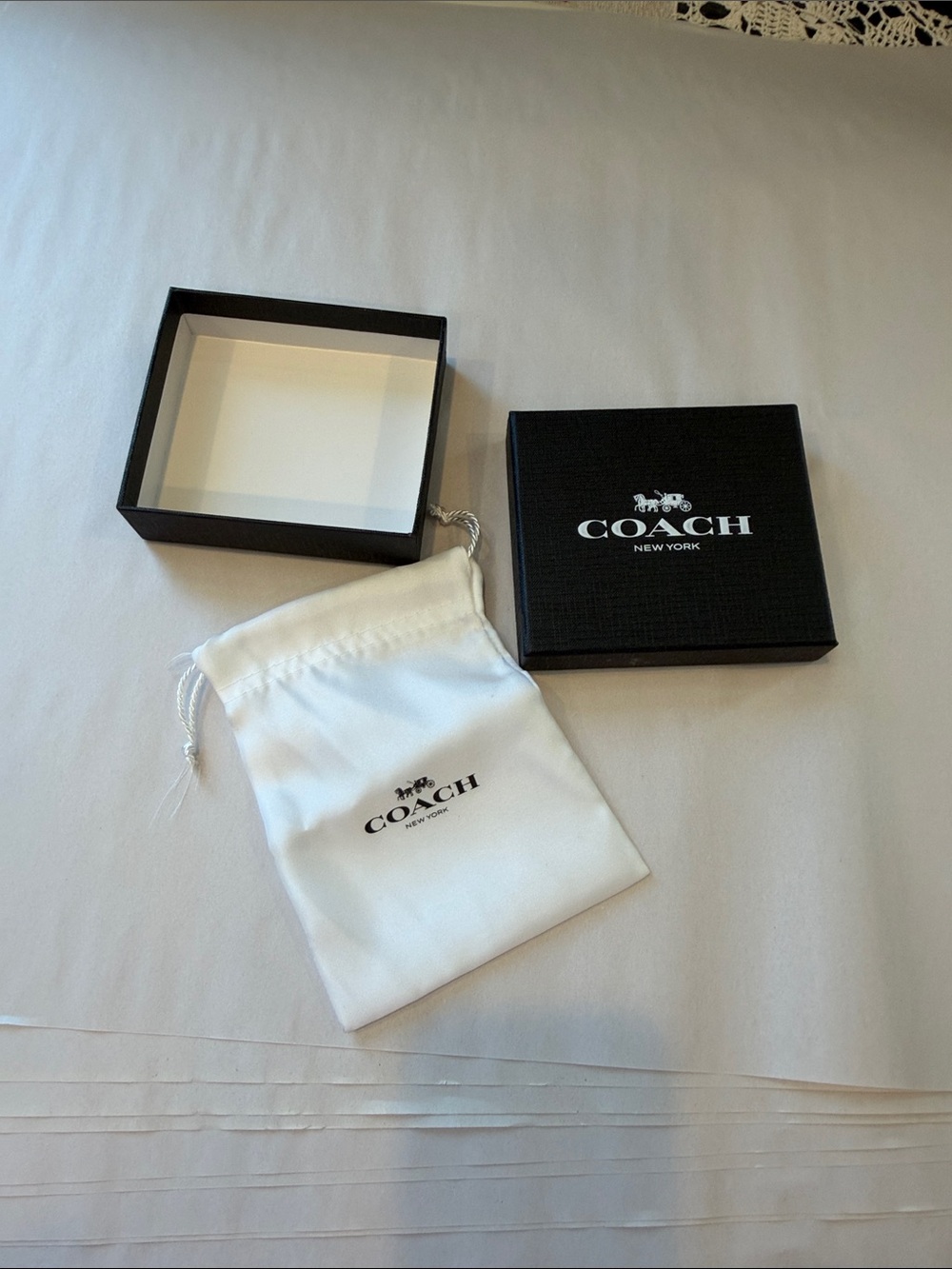 Coach White Drawstring Jewelry Pouch with Black Gift Box
